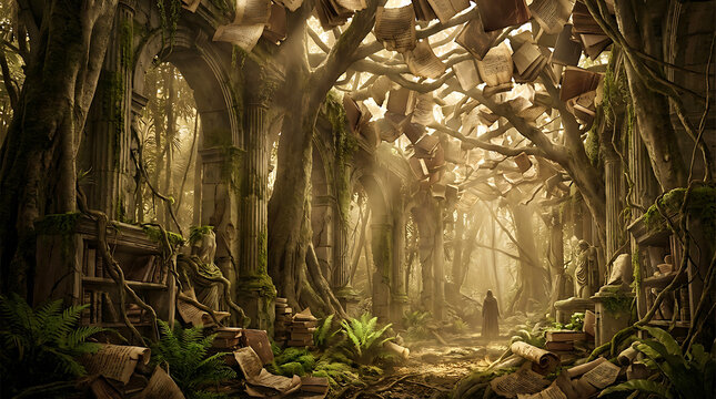 Enchanted forest ruins with books growing on trees and scattered on ground ancient