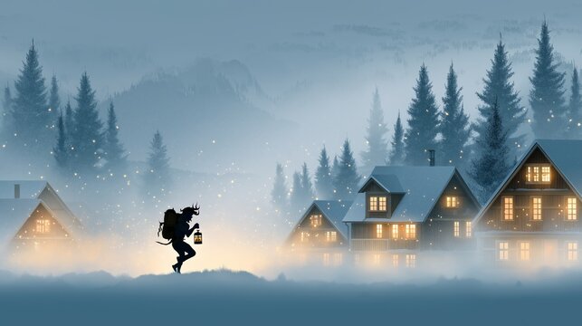 A mysterious krampus silhouette walking through a glowing snowy winter village surrounded by warm cottage lights creating a dramatic atmospheric folklore scene, Generative AI