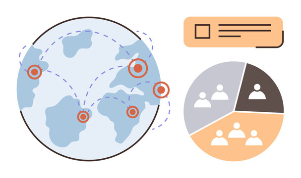 Map with marked global locations, connecting lines, and a pie chart with groups of people. Ideal for themes thumbs up teamwork, networking, globalization, analysis, data-sharing, collaboration