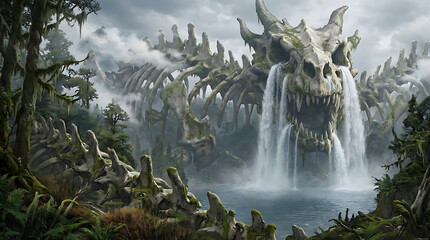 Ancient Dragon Skeleton Forming a Waterfall in a Lush Jungle bones creature