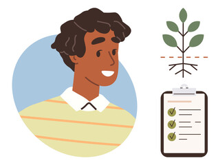 Confident person smiling alongside plant roots, leaves, and checklist with marked tasks. Ideal for personal growth, success planning, development, self-improvement, goal setting, education simple
