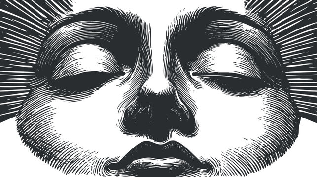 Stylized black and white vector illustration of a serene face with rays of sunlight, ideal for spiritual and wellness themes