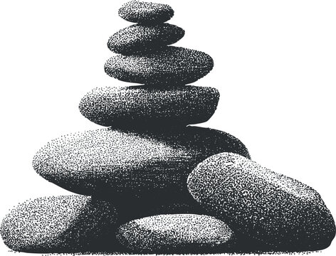 Black and white vector illustration of stacked stones symbolizing balance and tranquility for wellness and spa concepts