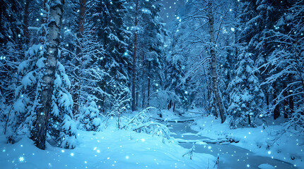 Magical winter forest with snow covered trees and glowing snowflakes image photo