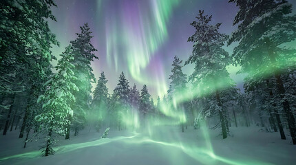 Aurora Borealis Dancing Over Snow- Covered Pine Forest at Night northern lights