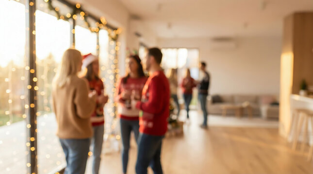 Bright and warm abstract background for text with silhouettes of people celebrating winter holidays