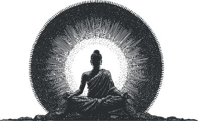 Detailed black and white vector illustration of a meditating Buddha surrounded by a radiant circular design, ideal for spiritual and wellness projects