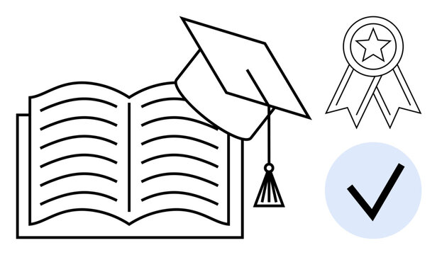 Open book, graduation cap resting on pages, ribbon with star, and checkmark. Ideal for education, achievement, accreditation, learning goals certification and success themes. Simple flat metaphor