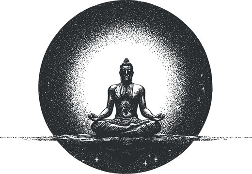 Monochrome vector illustration of a meditating Buddha surrounded by a cosmic circle, ideal for spiritual and wellness themes