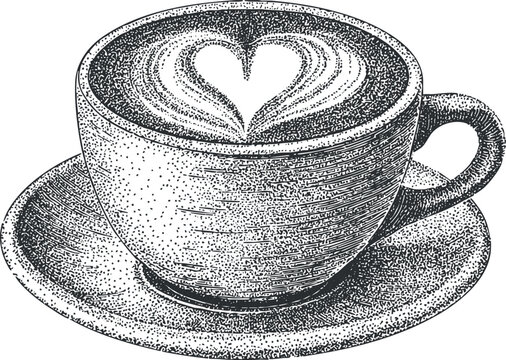 Hand-drawn vector illustration of a coffee cup with heart-shaped latte art, ideal for cafe branding and menu design