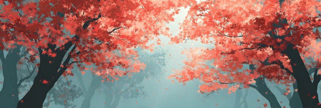 Vibrant red foliage frames a misty opening within a dense forest landscape