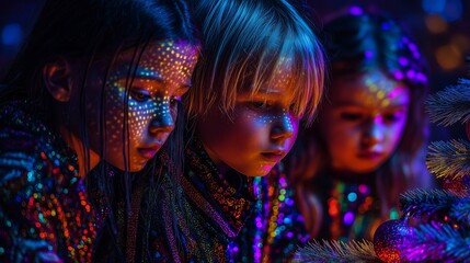 Children celebrate a festive gathering with colorful lights and decorations during a magical evening event