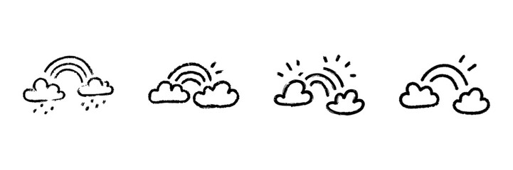 Naklejka premium Clouds And Rainbow Line Icon Set In Doodle Style. Weather Symbols, Rain And Sunshine Transition Outline Sketch Collection. Meteorological Phenomena. Hand Drawn Isolated Vector Illustration