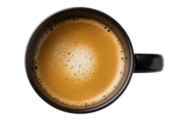 Top View of Black Cup of Espresso Coffee with Crema and Foam Isolated on Transparent Background PNG