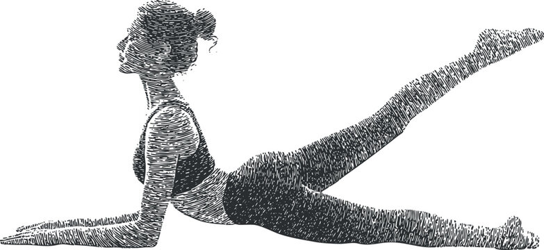 Stylized vector illustration of a woman performing a yoga pose in a minimalist line art style for fitness and wellness design projects
