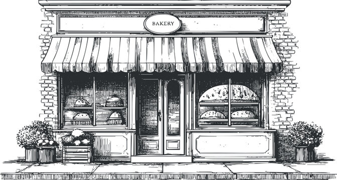 Detailed black and white vector illustration of a charming bakery storefront featuring pastries, bread, and a welcoming ambiance