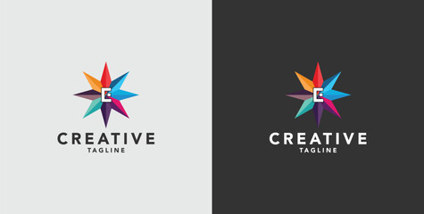 Digital colorful abstract icons, elements and symbols with initial E logo, template