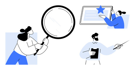 Woman holding magnifying glass, person adding star to digital interface, man with clipboard pointing. Ideal for analysis, research, information sharing, collaboration, guidance, teaching simple flat