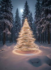 Magical spinning Christmas tree with lights on in the forest at night