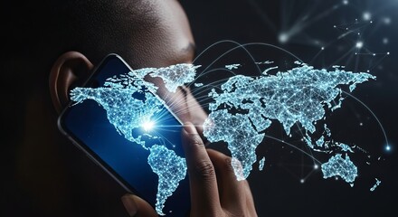Woman talks on smartphone with digital world map overlay, showcasing global network, communication technology, and connectivity concept.