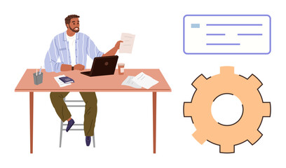 Man reviewing paper at desk with laptop, coffee, and stationery large gear and document floating nearby. Ideal for workflow, productivity, organization, business strategy, innovation, planning