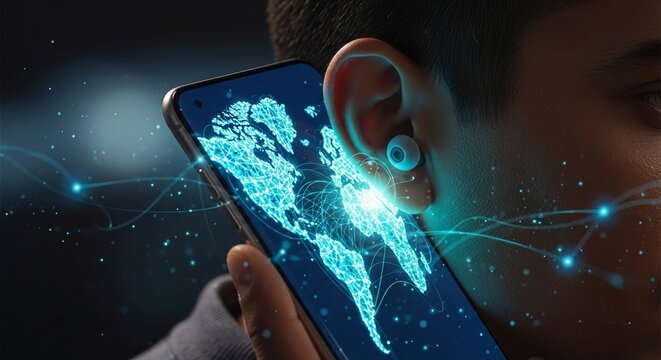 Woman talks on smartphone with digital world map overlay, showcasing global network, communication technology, and connectivity concept.