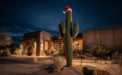 Saguraro cactus with a Santa hat in front of a modern adobe house in the desert southwest at night