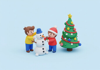 Cute Claymation Children Happily Building a Snowman Next to a Decorated Christmas Tree