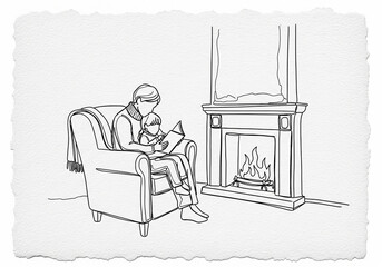 Simple Continuous Line Drawing of a Parent and Child Reading by a Cozy Fireplace