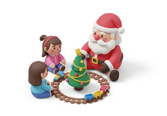 Cute Claymation Santa Claus Playing with Two Girls and a Toy Train Around a Christmas Tree