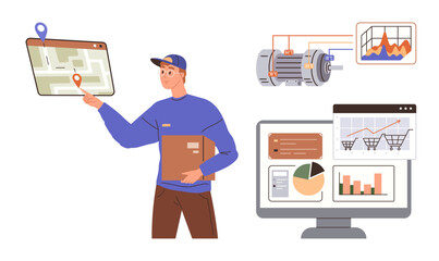 Fototapeta premium Delivery worker holds package, interacts with digital map. Includes motor diagram, analytics dashboard. Ideal for logistics, technology, supply chain, data analysis, e-commerce mapping simple flat