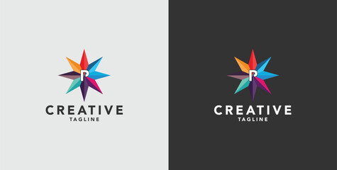 Digital colorful abstract icons, elements and symbols with initial P logo, template