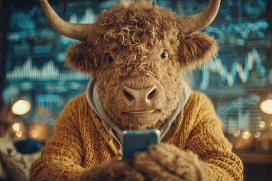 Adorable bull delighted by smartphone in sunny room. Future of crypto. How crypto seduces people with false financial freedom. Bull smartphone joy. Morning bull joy.