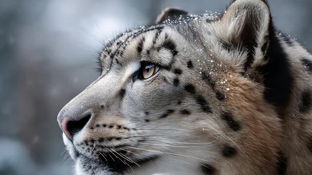 Panoramic side view of vigilant snow feline in winter scenery