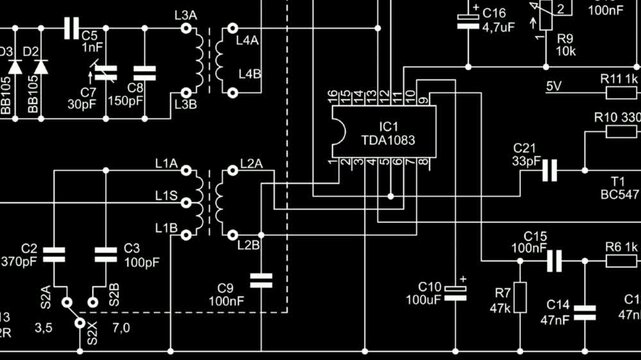 Video animation with schematic diagram of electronic device. Drawing electrical circuit with capacitor, resistor, 
diode, transistor, integrated circuit. Animated motion effect. Computer design.
