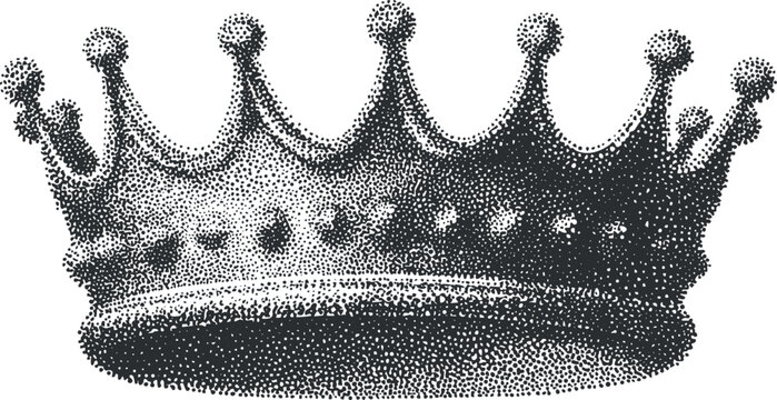 Detailed black and white halftone illustration of a regal crown symbol, ideal for branding and design projects.