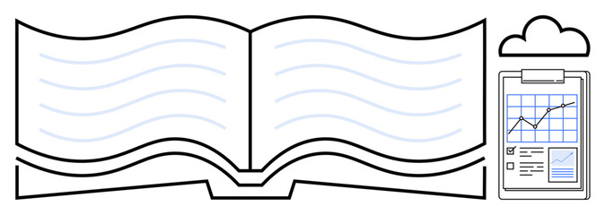 Open book with wavy lines, clipboard showing chart and checklist, and cloud symbol. Ideal for education, research, analysis, learning, knowledge management data sharing and academic visuals. Simple