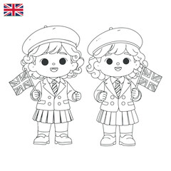 British schoolgirls holding the flag of the United Kingdom outline drawing