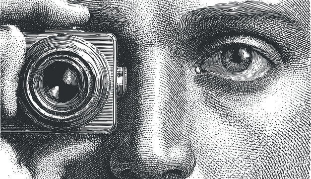 Detailed vintage illustration of a person holding a camera, focusing on their eye, perfect for photography and art themes