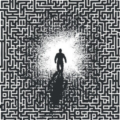 Abstract black and white vector illustration of a person walking through a complex maze, symbolizing a journey of exploration and discovery