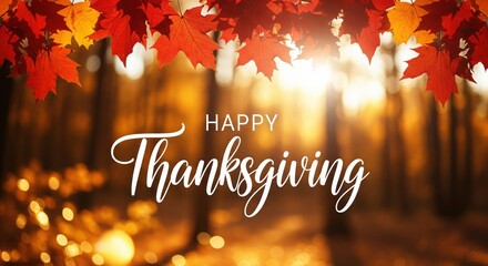 Happy Thanksgiving greeting card design with elegant calligraphy text and autumn leaves