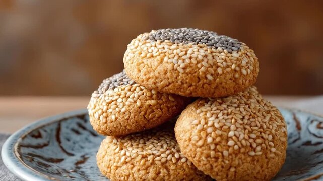 A delectable stack of golden-brown cookies is artfully arranged on a rustic, patterned ceramic plate. Each cookie is generously coated with a distinct half-and-half topping of white and black sesame s