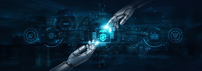 Hold on, robot hands guard Cybersecurity and futuristic interface, protecting data integrity. Threat detection. Smart defense shields networks from evolving cyber risks.