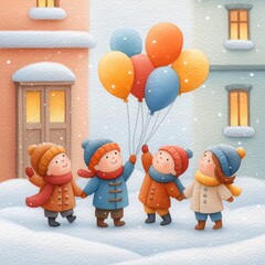 Four Children In Winter Coats And Hats Holding Colorful Balloons On Snowy Street In Front Of Houses