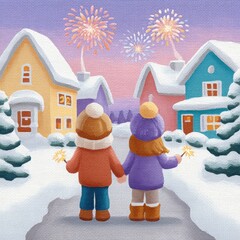 Children Watching Fireworks On A Snowy Winter Night With Sparklers In Hand