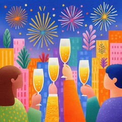 People Celebrate New Year With Champagne And Fireworks Over Colorful City Buildings At Night