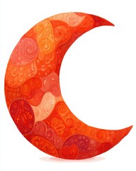 Abstract Crescent Moon With Intricate Red Orange Patterns Isolated On White Background