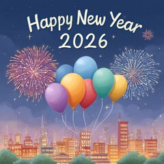 Cityscape With Fireworks Balloons And Happy New Year 2026 Text
