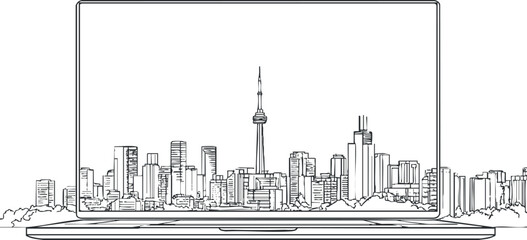 Fototapeta premium Outline vector illustration of a laptop with Toronto city skyline featuring iconic buildings, ideal for tech and design projects