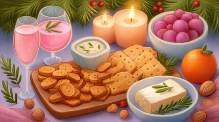 Festive Holiday Charcuterie Board With Pink Drinks Candles And Cranberries